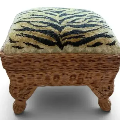 Vintage Wicker Storage Footstool Ottoman with Tiger Needlepoint Cushion