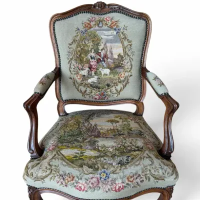 Vintage French Louis XV Style Pastoral Needlepoint Armchair 