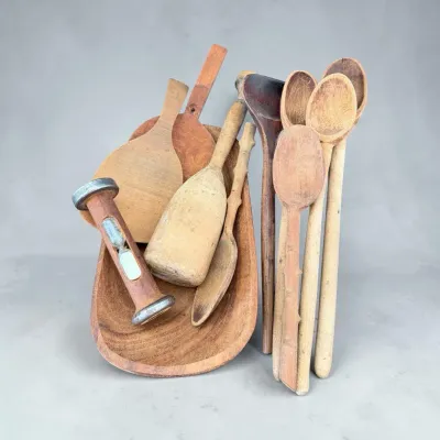 Vintage Wooden Kitchen Utensils, Scoops & Hourglass Collection