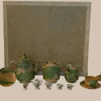 Vintage Mini Green & Gold-Tone Porcelain Tea Set Collection