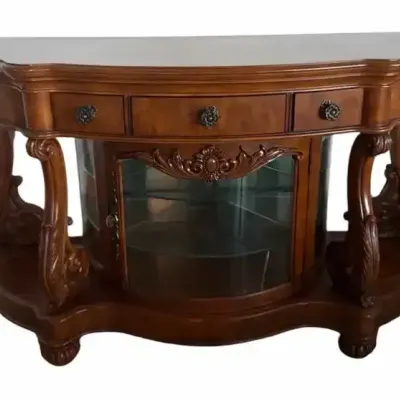Traditional Cherry Finish Curved Glass Display Cabinet
