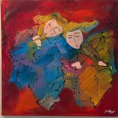 Jim Stallings Signed "Two of a Kind" Abstract Musicians Painting, 30x30, COA