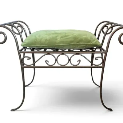 Metal Scrollwork Bench with Green Upholstered Cushion