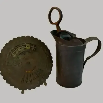 Vintage Metal Perpetual Calendar, Measuring Vessel & Keys