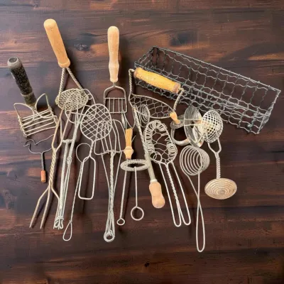 Vintage Wire Kitchen Utensils & Cooking Tools with Wire Storage Basket