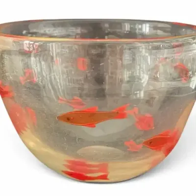 Art Glass Fish Bowl with Red & Orange Fish Design