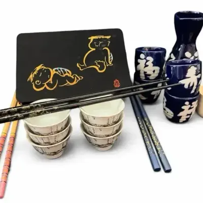 Japanese Sushi Serving Set with Bento Lunch Box, Sake Set, Bowls & Chopsticks