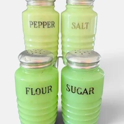Vintage Jadeite Glass Salt, Pepper, Flour & Sugar Shaker - Set - 4pc