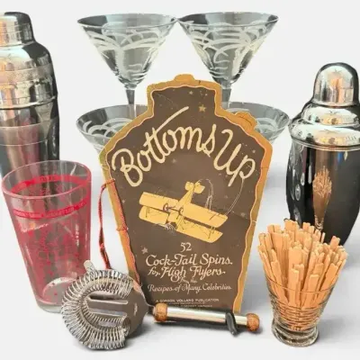 RARE 1928 “Bottoms Up” Prohibition-Era Cocktail Book with Vintage Martini & Barware Collection