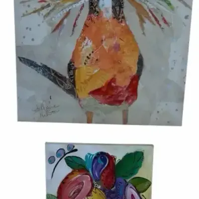 Signed Contemporary Bird & Floral Mixed Media Art Pair