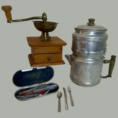 Kitchen Coffee Grinder, Aluminum Pot & Flatware Collection