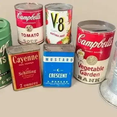 Vintage Kitchen Tins & Banks - Campbell’s, V-8, Del Monte, Frango & More