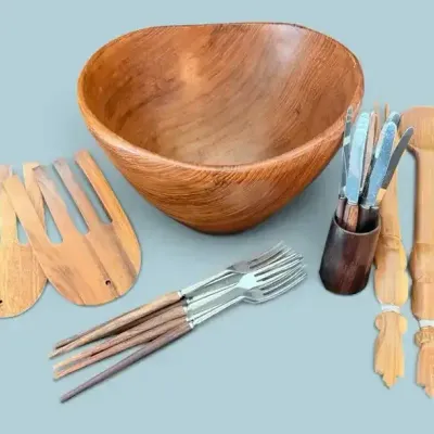 Wooden Salad Serving Bowl & Utensil Collection 