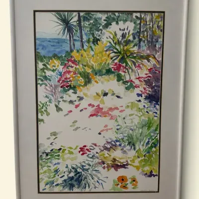 Signed Marilynn Robinson Tropical Garden Watercolor – Framed
