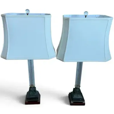 Pair of Traditional Table Lamps with Fluted Glass Columns & Decorative Bases