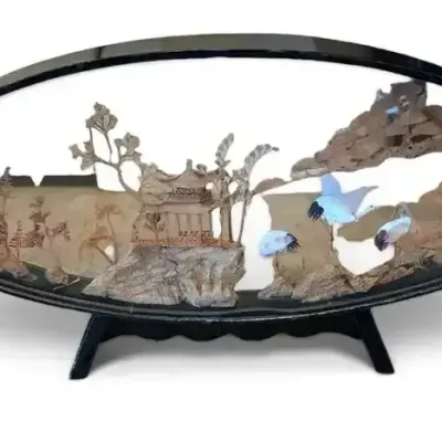 Asian Cork Diorama with Cranes & Pagoda