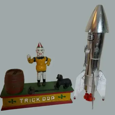 Vintage Trick Dog Mechanical Bank & Rocket Coin Bank