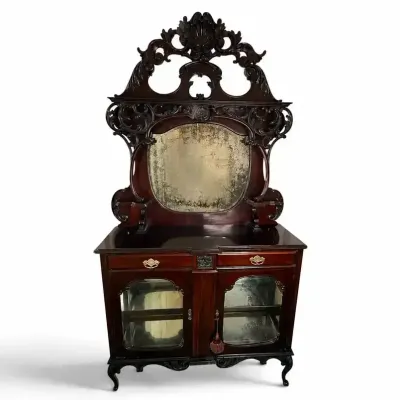 Antique Ornately Carved Mahogany Sideboard Buffet with Mirror
