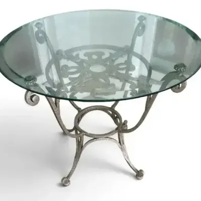 Round Glass Top Metal Accent Table with Scrollwork