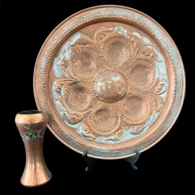 Vintage Handcrafted Copper Tray & Vase with Silver-Tone Inlay
