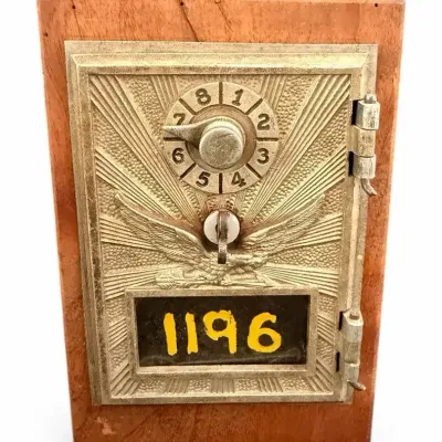 Antique American Crayon Co. Hygeia Wooden Box Coin Bank Safe with Eagle Door – Antique coin bank saf