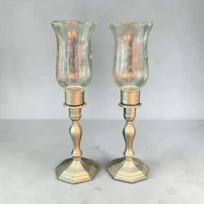 Pair of Gorham Pewter PH8 Hurricane Candle Holders with Etched Glass Shades