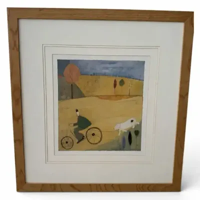 Signed Whimsical Folk Art Bicycle & Dog Framed Print 