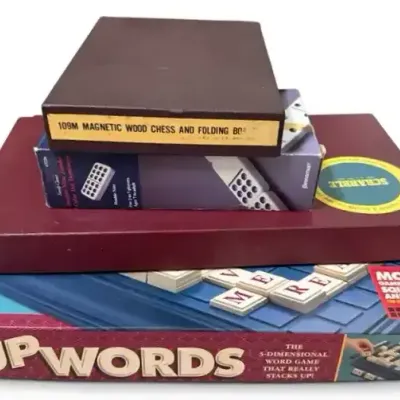 Vintage Board Game Lot – Upwords, Scrabble, Dominoes & Chess
