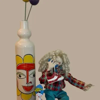 Whimsical Folk Art Doll, Face Vase & Tulip Collection