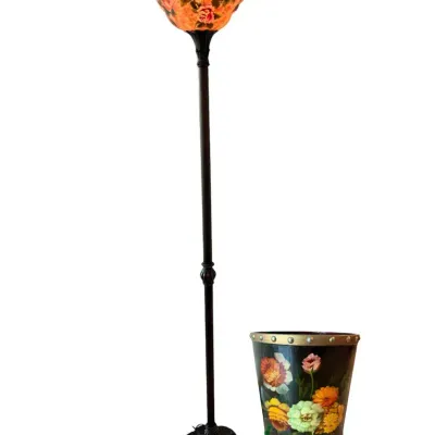 Hand-blown floral glass torchiere floor lamp with decorative dark metal stem