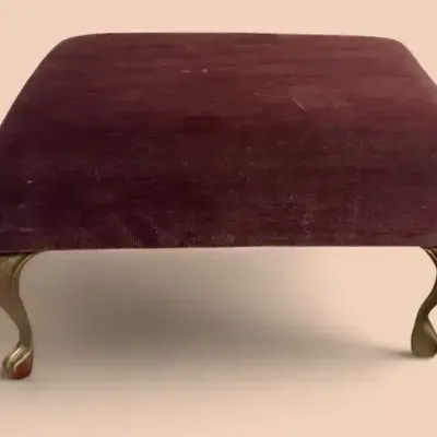 Vintage Burgundy Velvet Footstool with Brass-Tone Cabriole Legs 