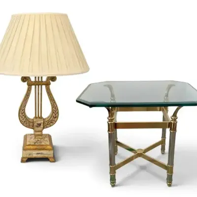 Neoclassical Lyre Table Lamp & Glass Top Brass & Chrome Accent Table