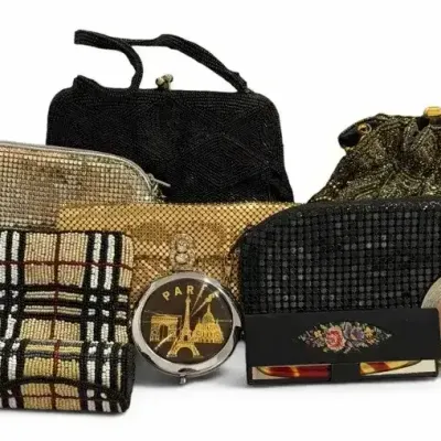 Vintage Evening Accessory Lot  Beaded & Mesh Clutches, Paris Compact, Pewter Mirror & Vanity Items