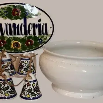 Italian Lavanderia Ceramic Plaque, Bells & Bowl Collection