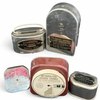 Vintage Seattle Washington Advertising Coin Banks & Register Banks – Collection of vintage metal adv