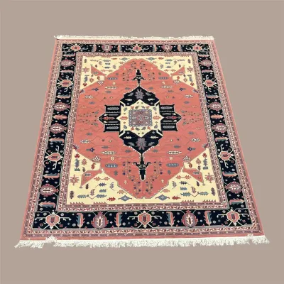 Geometric Medallion Area Rug – A bold central medallion surrounded by warm coral, navy, cream, and decorative geometric details.