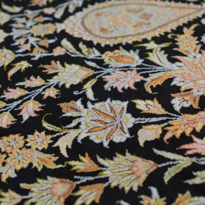 Black Multicolor Floral Rug Detail – Large colorful botanical motifs create a dramatic contrast against the dark background.