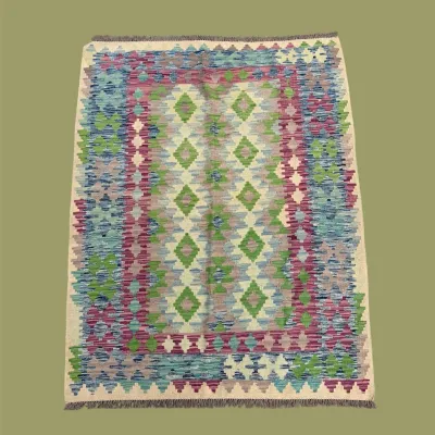 Pastel Geometric Area Rug – Fresh green, blue, pink, and lavender tones create a colorful geometric design with a lighter feel.