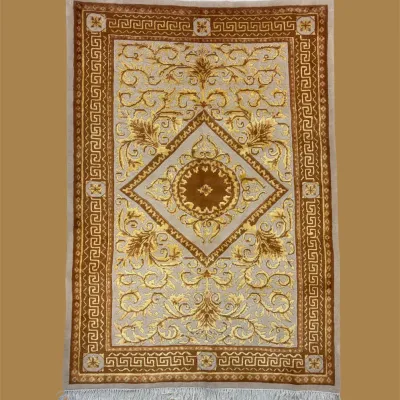 Gold and Ivory Medallion Rug – A warm neutral palette with a structured central medallion and decorative border.