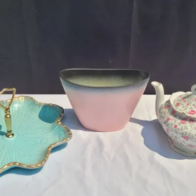 Three pieces of vintage pottery including a teapot