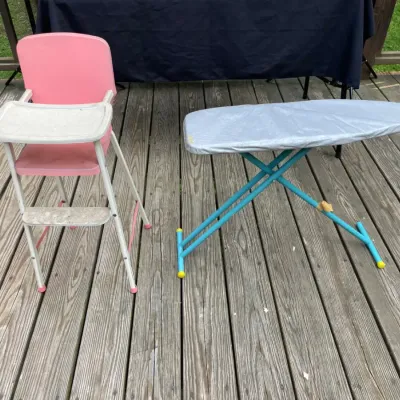 Vintage child sized metal ironing board and high chair