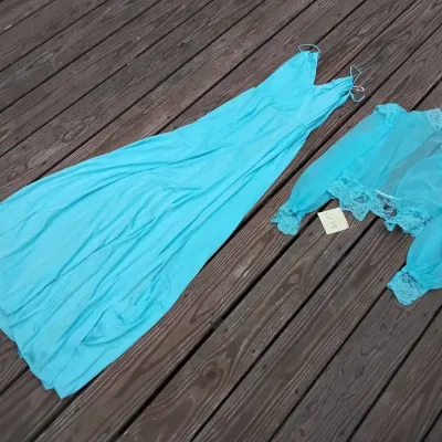 Blue 1970s dress with sheer blouse