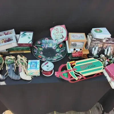 Lot of holiday items including a fused glass candy dish