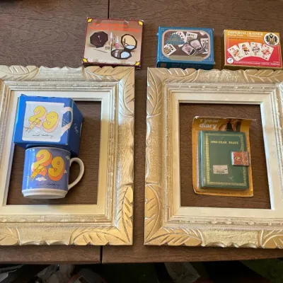 Lot of various vintage items including a pair of frames