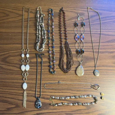 j Mixed Costume Jewelry Collection – Assorted Beaded, Stone & Statement Necklaces and a Set of Pins.jpg