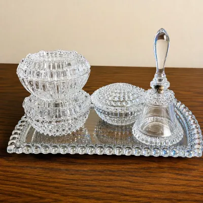 Hd clear glass vanity set with decorative tray and bell