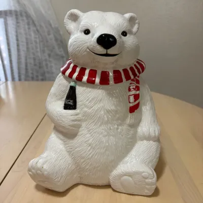 C25 coca cola polar bear cookie jar with red and white scarf