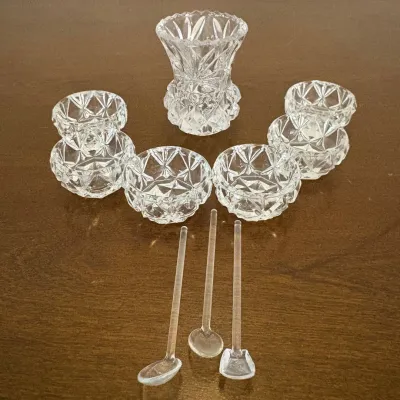 hd Set of 6 Small Diamond Pattern Salt Dips with Matching Holder and 3 Tiny Clear Miniature Spoons .jpg