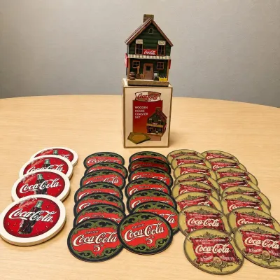 C19 coca cola wooden house coaster set with ceramic and paper coasters