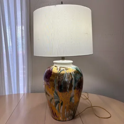Ld hand painted ceramic working lamp with white fabric shade